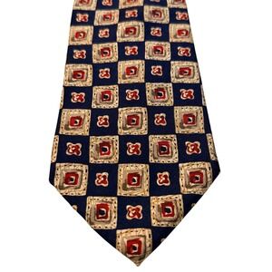 Brooks‎ Brothers Silk Tie Tan Navy Blue Red Geometric Square Preppy Classic